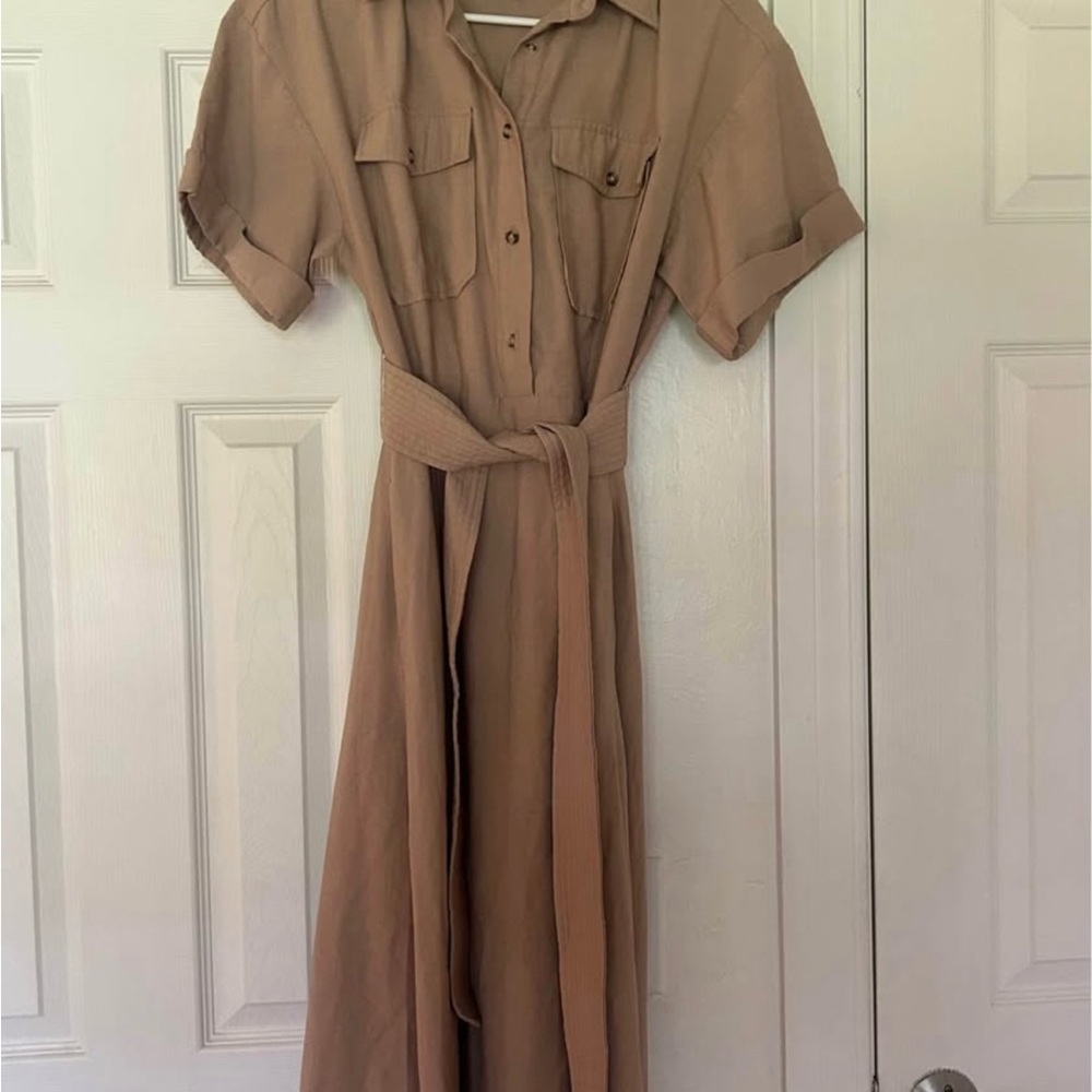 Tuckernuck Tan Button-Up Belted Dress